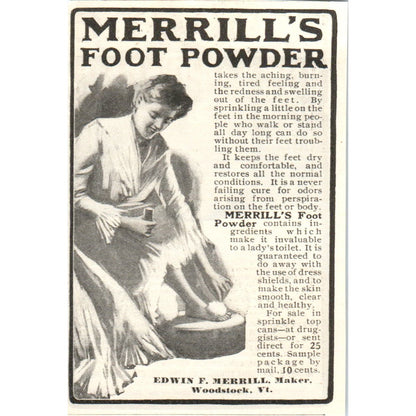 Edwin F. Merrill's Foot Powder Woodstock VT c1905 Original Advertisement AE7-A2