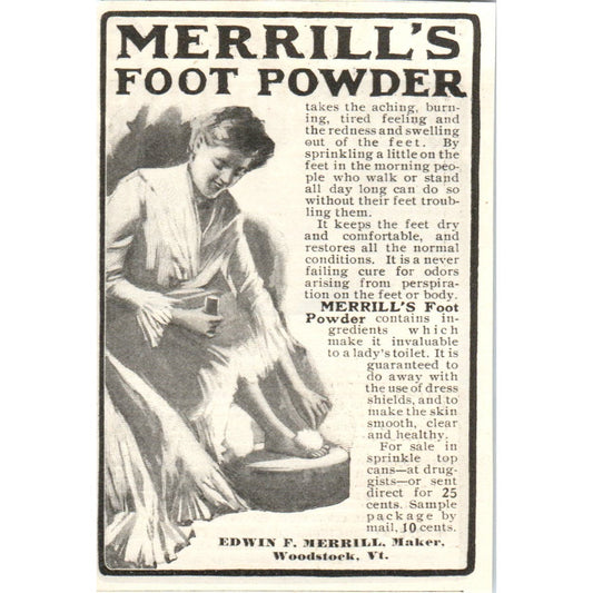 Edwin F. Merrill's Foot Powder Woodstock VT c1905 Original Advertisement AE7-A2