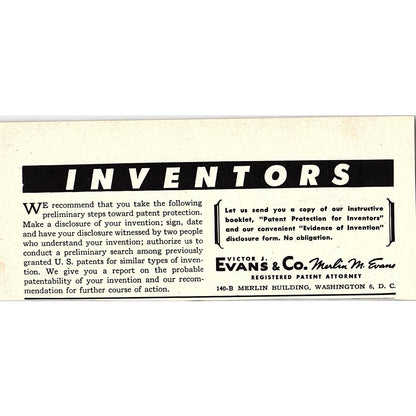Victor J Evans & Co Marlin M Evans Patent Attorney Washington 1955 Ad AF9-6