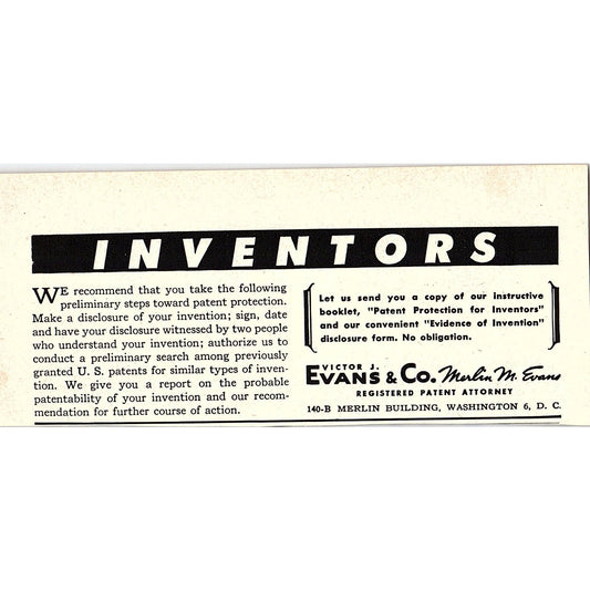 Victor J Evans & Co Marlin M Evans Patent Attorney Washington 1955 Ad AF9-6