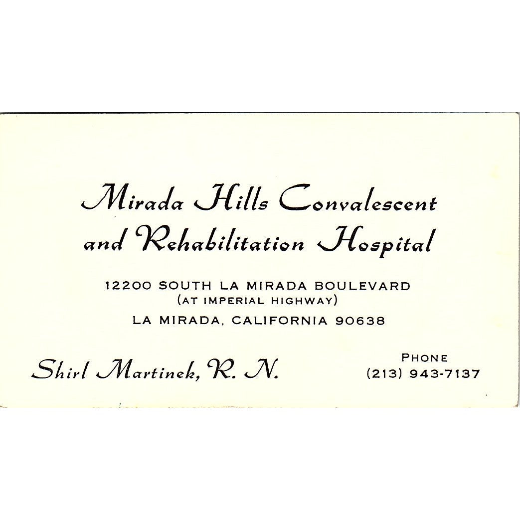 Mirada Hills Convalescent & Rehabilitation Hospital CA Business Card SF3-B3