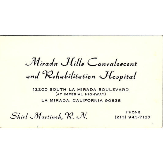 Mirada Hills Convalescent & Rehabilitation Hospital CA Business Card SF3-B3