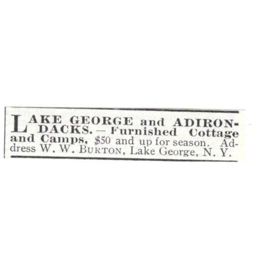 Lake George and Adirondacks Cottage W.W. Burton NY 1903 Magazine Ad AF7-SS1