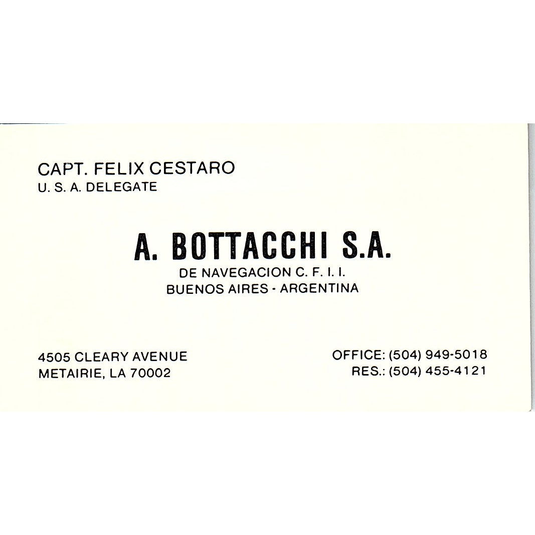 Capt Felix Cestaro A. Bottacchi S.A. Buenos Aires Vintage Business Card SC9-B2