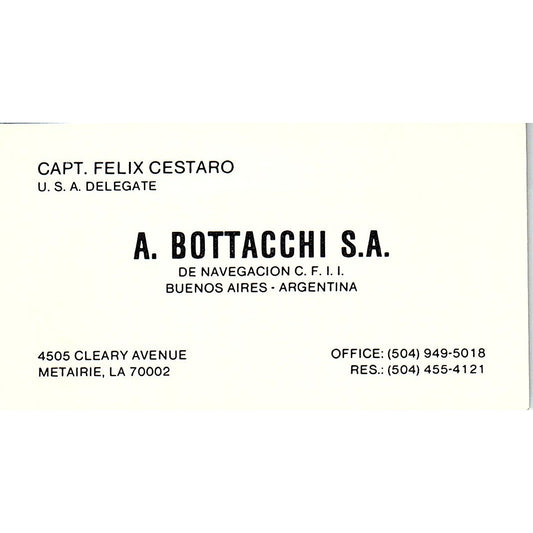Capt Felix Cestaro A. Bottacchi S.A. Buenos Aires Vintage Business Card SC9-B2