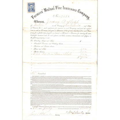 1875 Farmers Mutual Fire Ins Co Policy J.P. Welch Groton VT AF7-E7