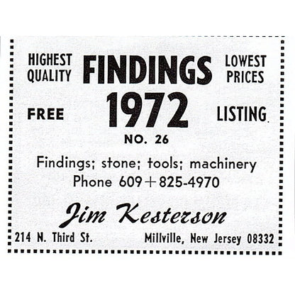 Jim Kesterson Findings Lapidary Supply Millville NJ 1972 Ad AF8-M1
