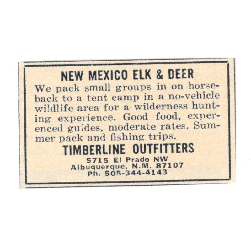 New Mexico Elk & Deer Timberline Outfitters Albuquerque NM 1977 Ad AF6-S3