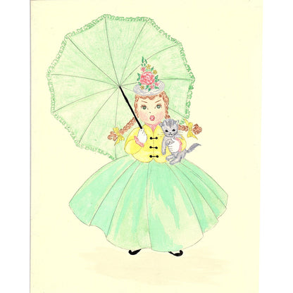 1940s Original Sketch of Little Girl in Green Dress With Kitten Schutsky D26-1