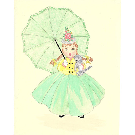1940s Original Sketch of Little Girl in Green Dress With Kitten Schutsky D26-1