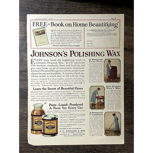 Johnson's Polishing Wax S.C. Johnson & Son Racine WI Vtg Magazine Ad 10x13 V11