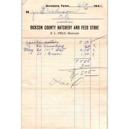 1930 Dickson County Hatchery & Feed Store R.L. Field TN Letterhead Receipt D18