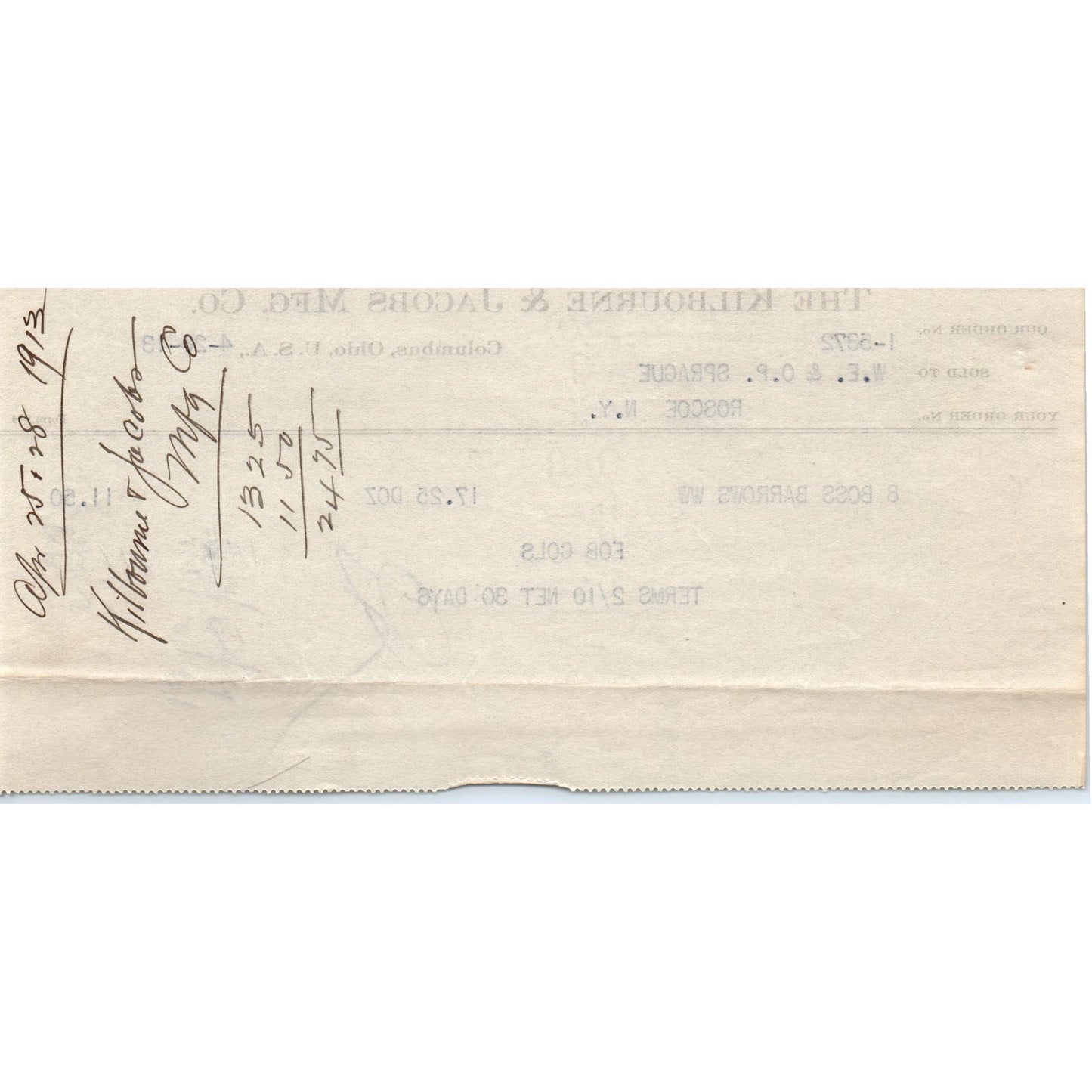 TH Kilbourne & Jacobs Mfg Co Columbus OH 1913 Original Billhead Receipt D8-LL