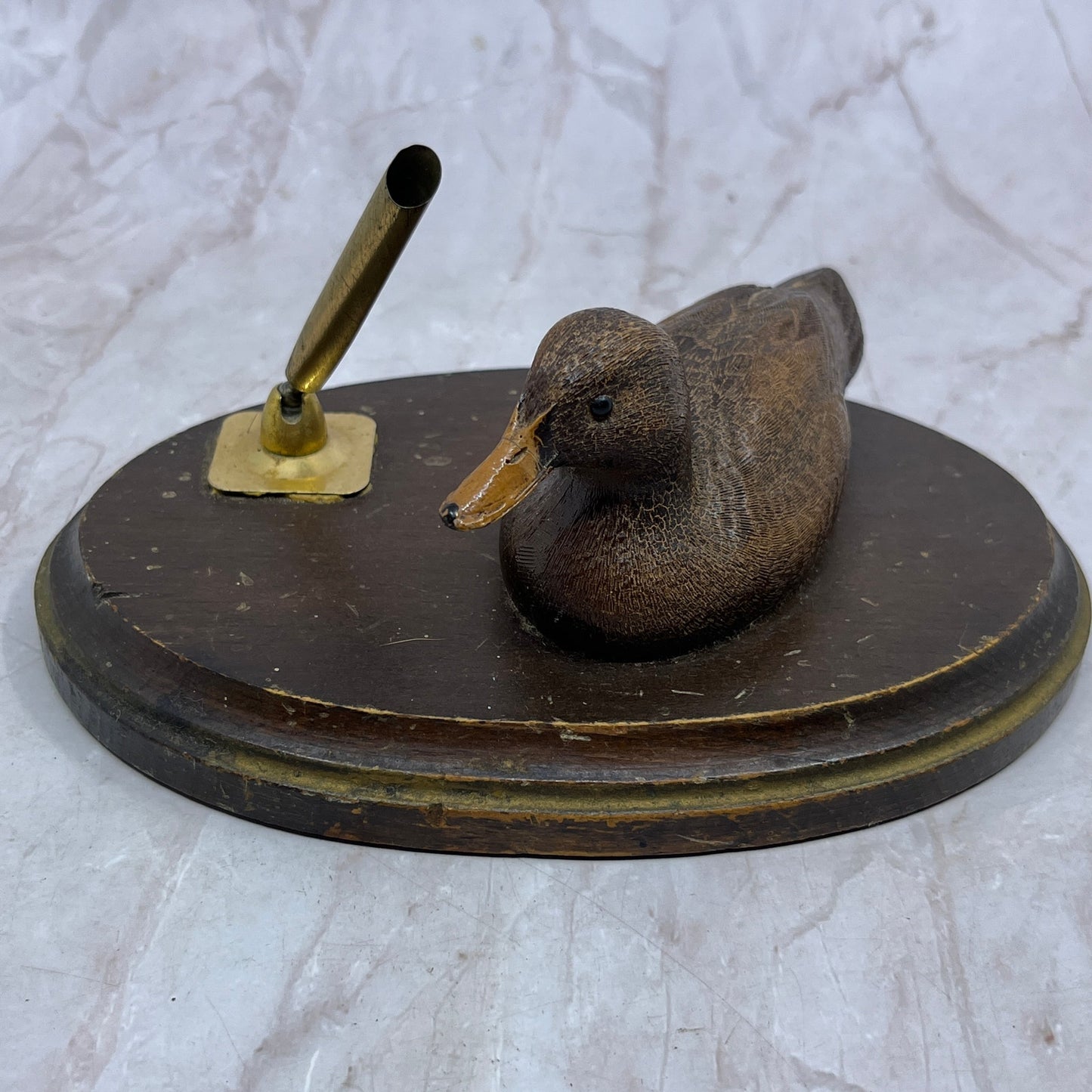 Vintage Hand Carved Mallard Duck Wood and Brass Desk Pen Holder Caddy TF4