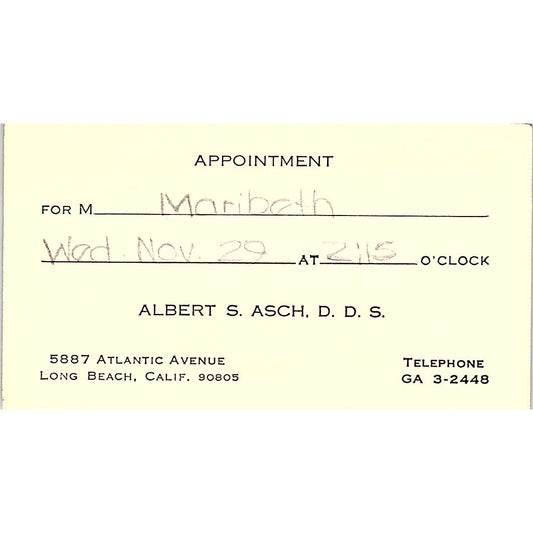 Albert S. Asch Maribeth Long Beach CA Vintage Business Card SB4-B7