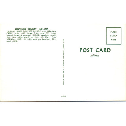 James Bridge Vernon, Jennings County Indiana Covered Bridge Postcard PB11