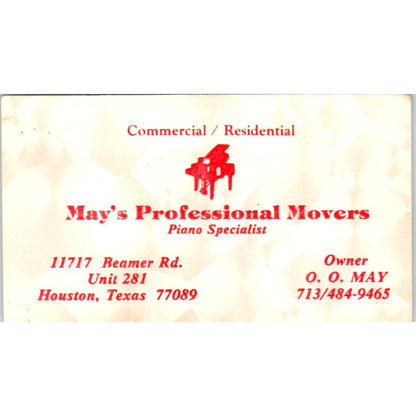 May's Professional Movers O.O. May Houston TX Vintage Business Card SD8-B20