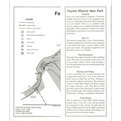 Vintage Fayette Historic State Park Michigan Map & Fold Out Brochure TF4-B1