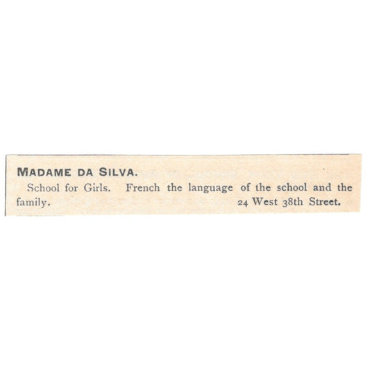 Madame Da Silva Girls School West 38th St NY 1892 Magazine Ad AK6-S5