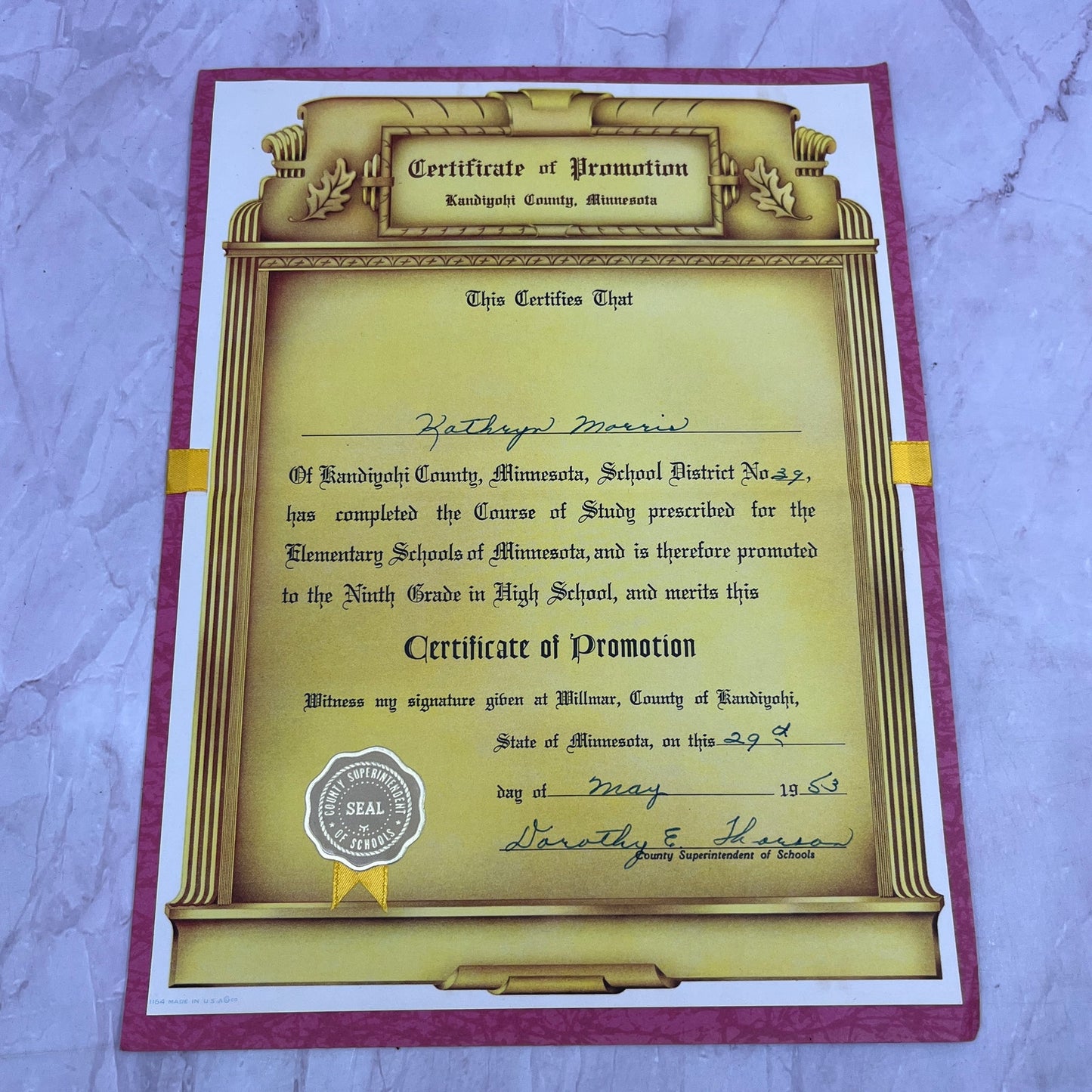 1953 Kandiyohi County MN Elementary School Certificate Kathryn Morris TA9-E1