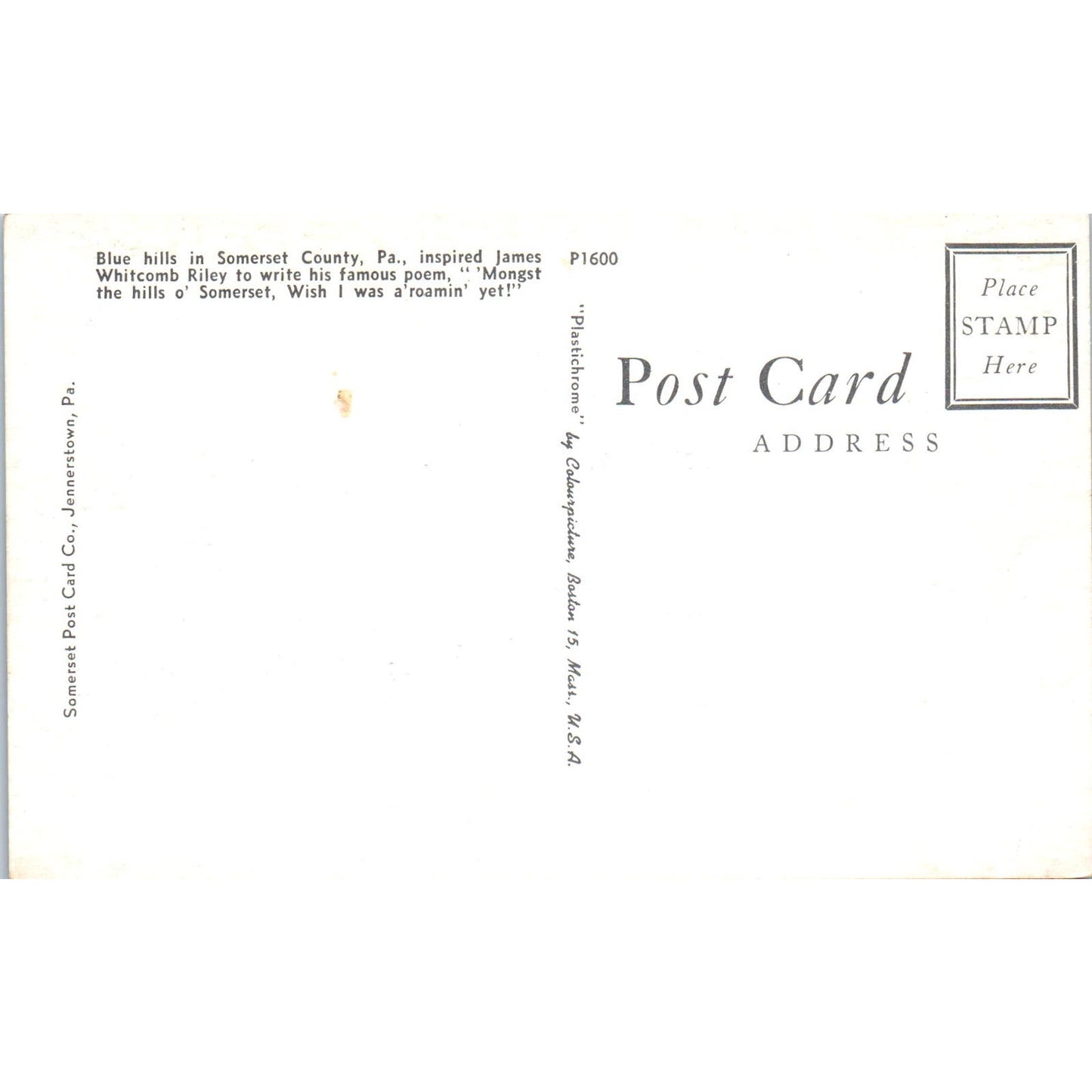 Blue Hills in Somerset County PA Dutch Country Vintage Postcard PD1