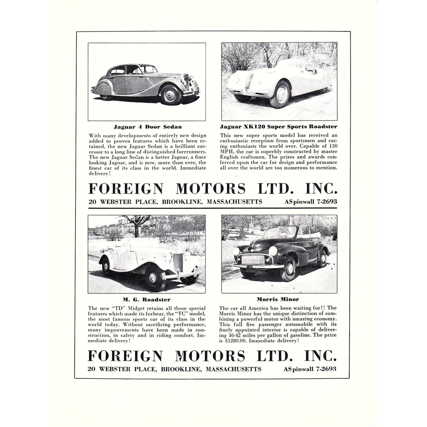 Foreign Motors Ltd Inc Brookline MA 1950 Ad AF6-7