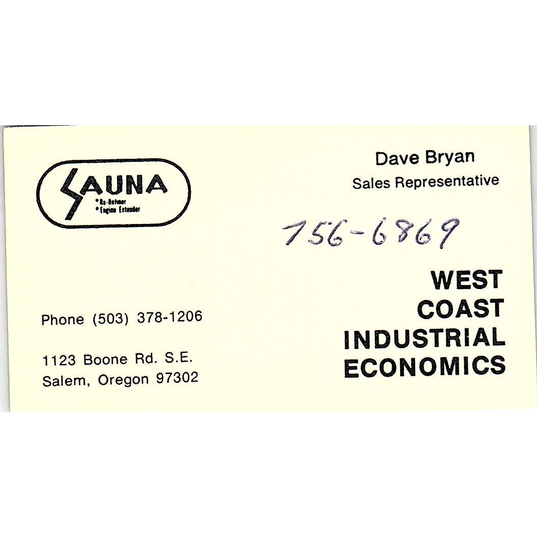West Coast Industrial Economics, Dave Bryan Salem Oregon Business Card SB4-B2
