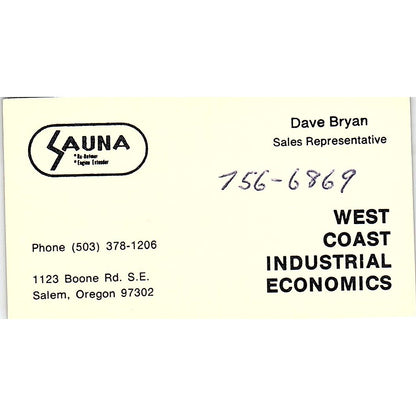West Coast Industrial Economics, Dave Bryan Salem Oregon Business Card SB4-B2