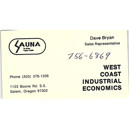 West Coast Industrial Economics, Dave Bryan Salem Oregon Business Card SB4-B2