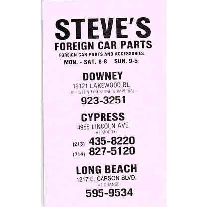 Steve's Foreign Car Parts Downey Long Beach CA Vintage Business Card SE3-B13