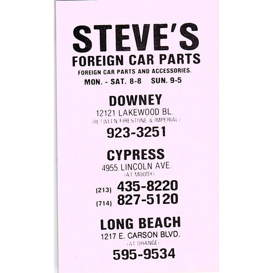 Steve's Foreign Car Parts Downey Long Beach CA Vintage Business Card SE3-B13