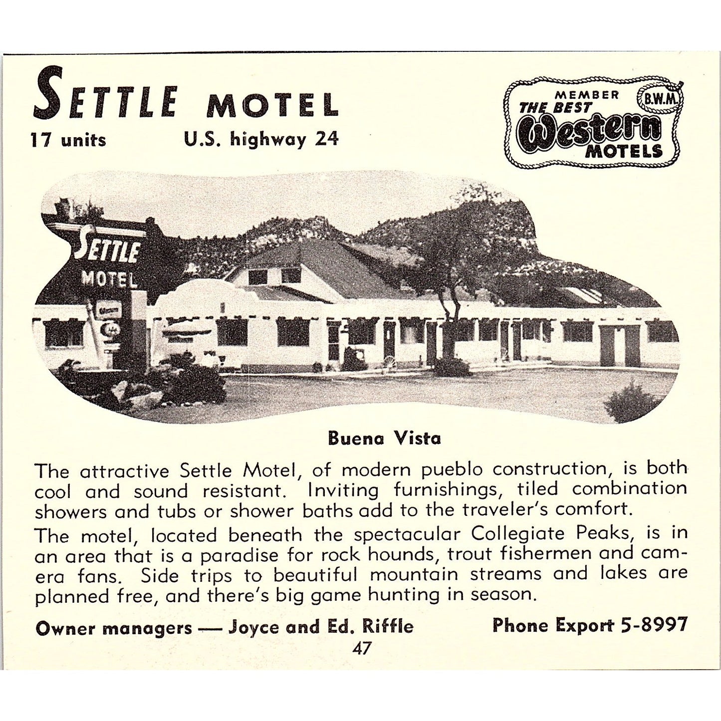 Settle Motel Buena Vista Ed Riffle, Sloan's Motel Burlington CO 1958 Ad AG1-H2