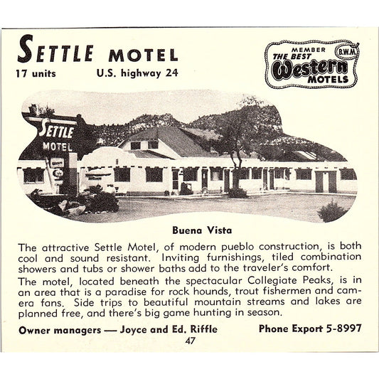 Settle Motel Buena Vista Ed Riffle, Sloan's Motel Burlington CO 1958 Ad AG1-H2