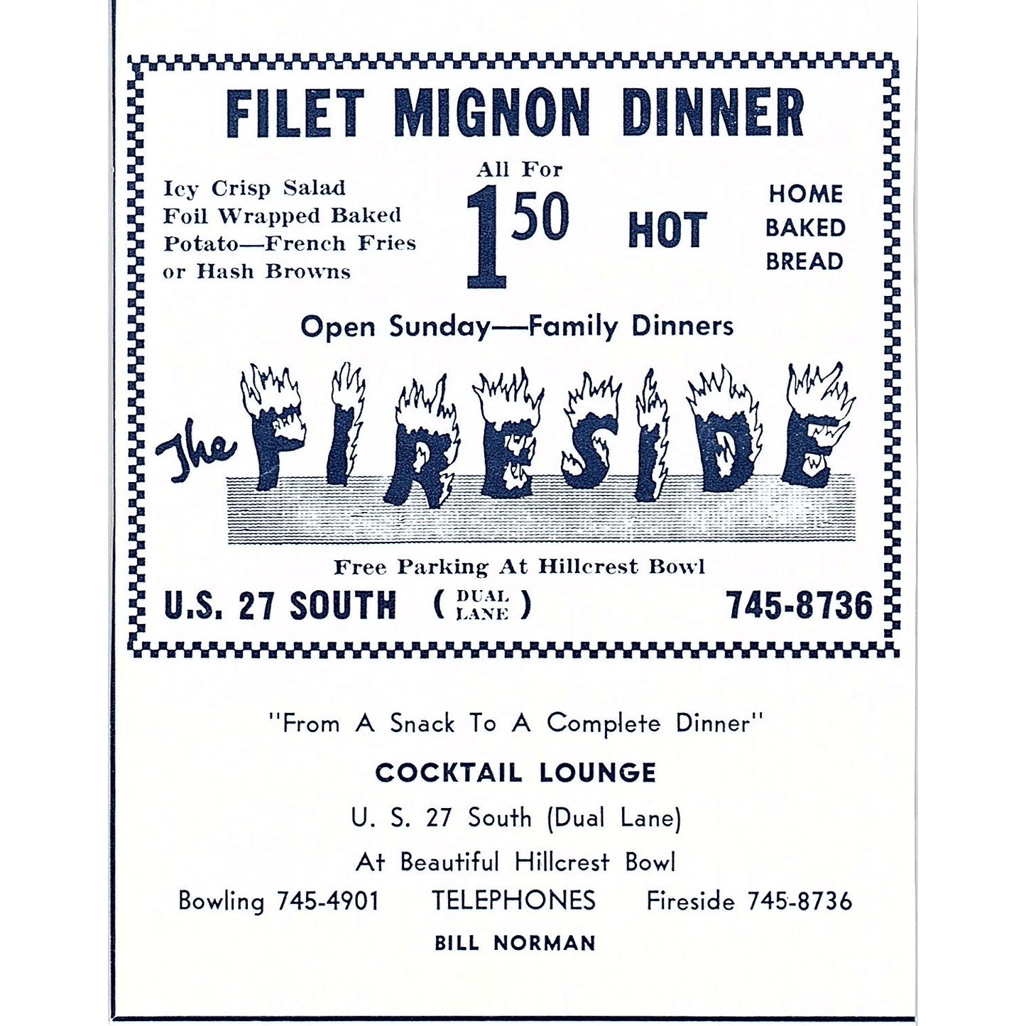 The Fireside Restaurant Bill Norman Fillet Mignon Dinner Ft. Wayne 1964 Ad AG1-9