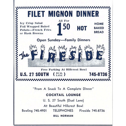 The Fireside Restaurant Bill Norman Fillet Mignon Dinner Ft. Wayne 1964 Ad AG1-9