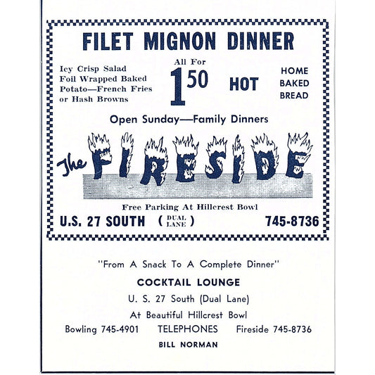 The Fireside Restaurant Bill Norman Fillet Mignon Dinner Ft. Wayne 1964 Ad AG1-9