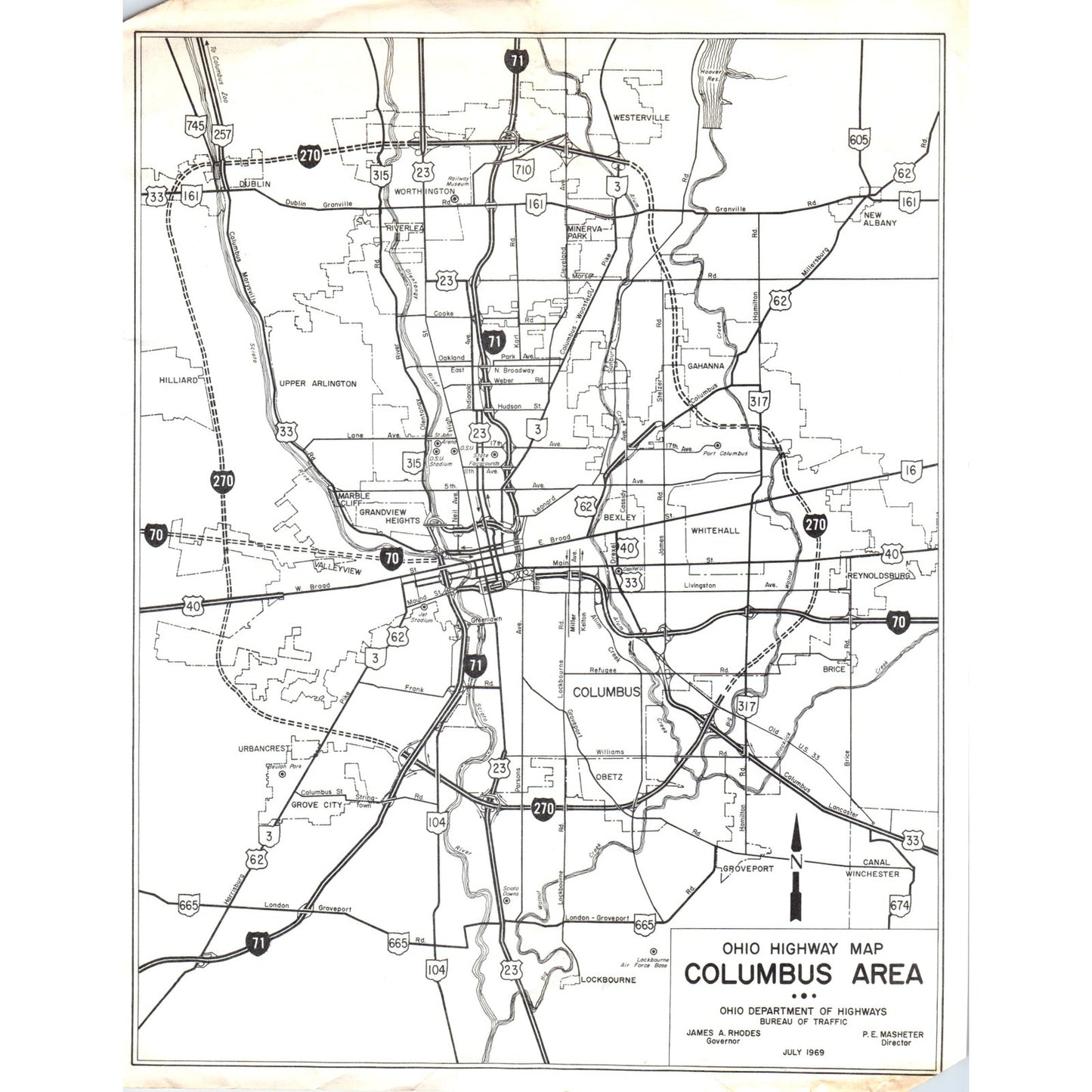 1969 Ohio Highway Map Columbus Area James A. Rhodes D23