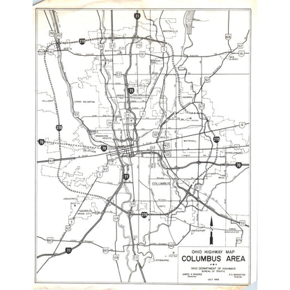 1969 Ohio Highway Map Columbus Area James A. Rhodes D23