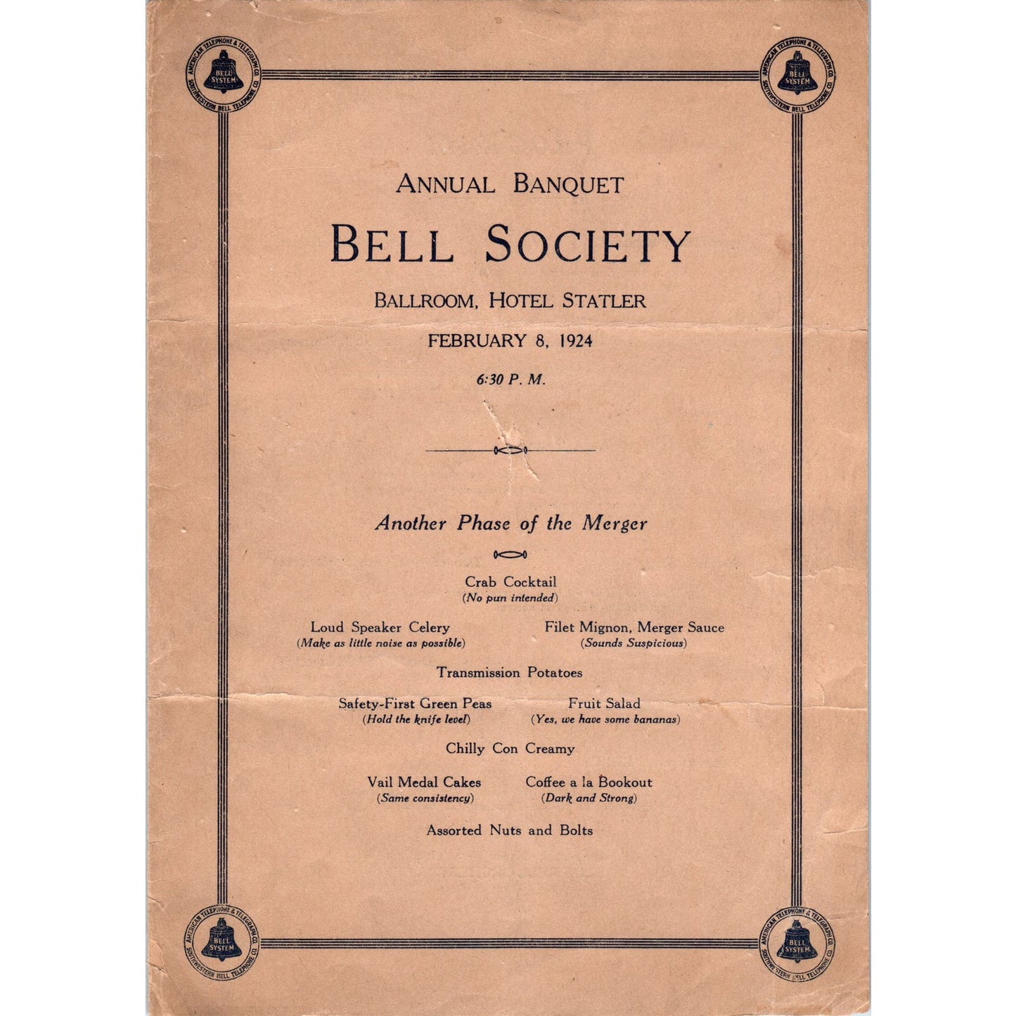 1929 Bell Society Annual Banquet Program Hotel Statler  AE4