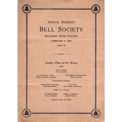 1929 Bell Society Annual Banquet Program Hotel Statler  AE4