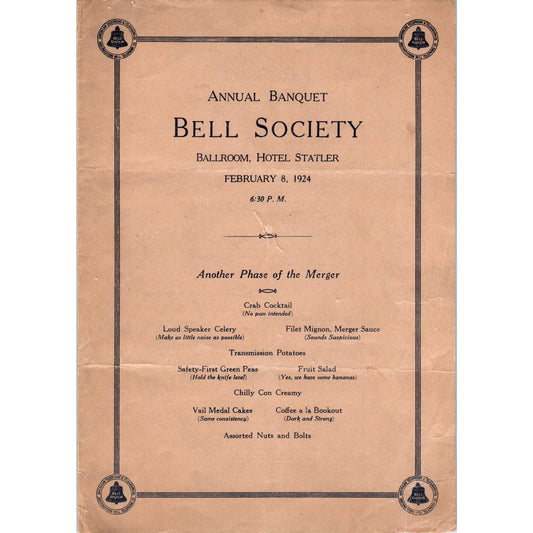 1929 Bell Society Annual Banquet Program Hotel Statler  AE4