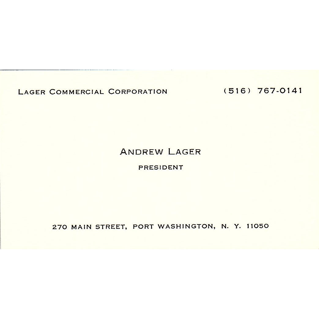 Andrew Lager Commercial Corporation Port Washington NY Vtg Business Card SE3-B16