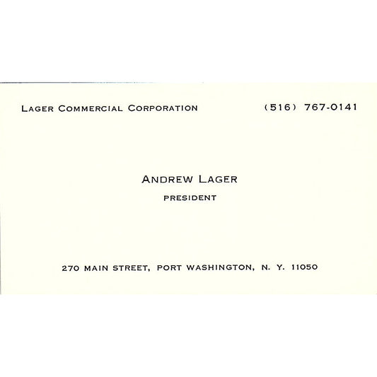 Andrew Lager Commercial Corporation Port Washington NY Vtg Business Card SE3-B16