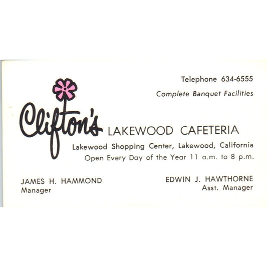 Clifton's Lakewood Cafeteria James H. Hammond Edwin J. Hawthorne Card SD8-B9
