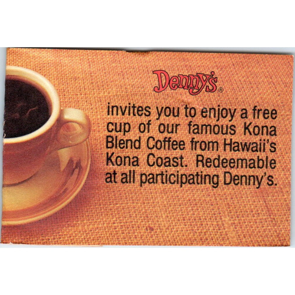 Denny's Restaurant Kona Coffee Promo (folded) Vintage Business Card SD8-B7