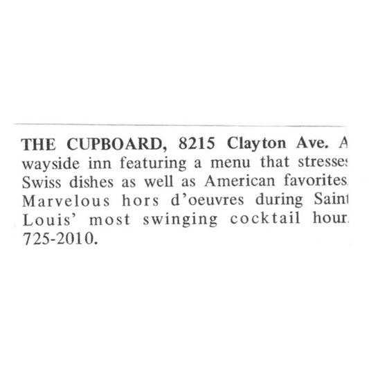 The Cupboard Swiss Wayside Inn St. Louis 1971 Magazine Ad AD8-O1