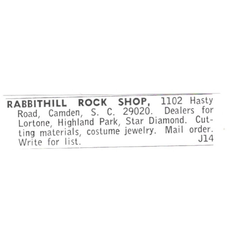 Rabbit Hill Rock Shop Camden South Carolina 1972 Ad AF8-S24