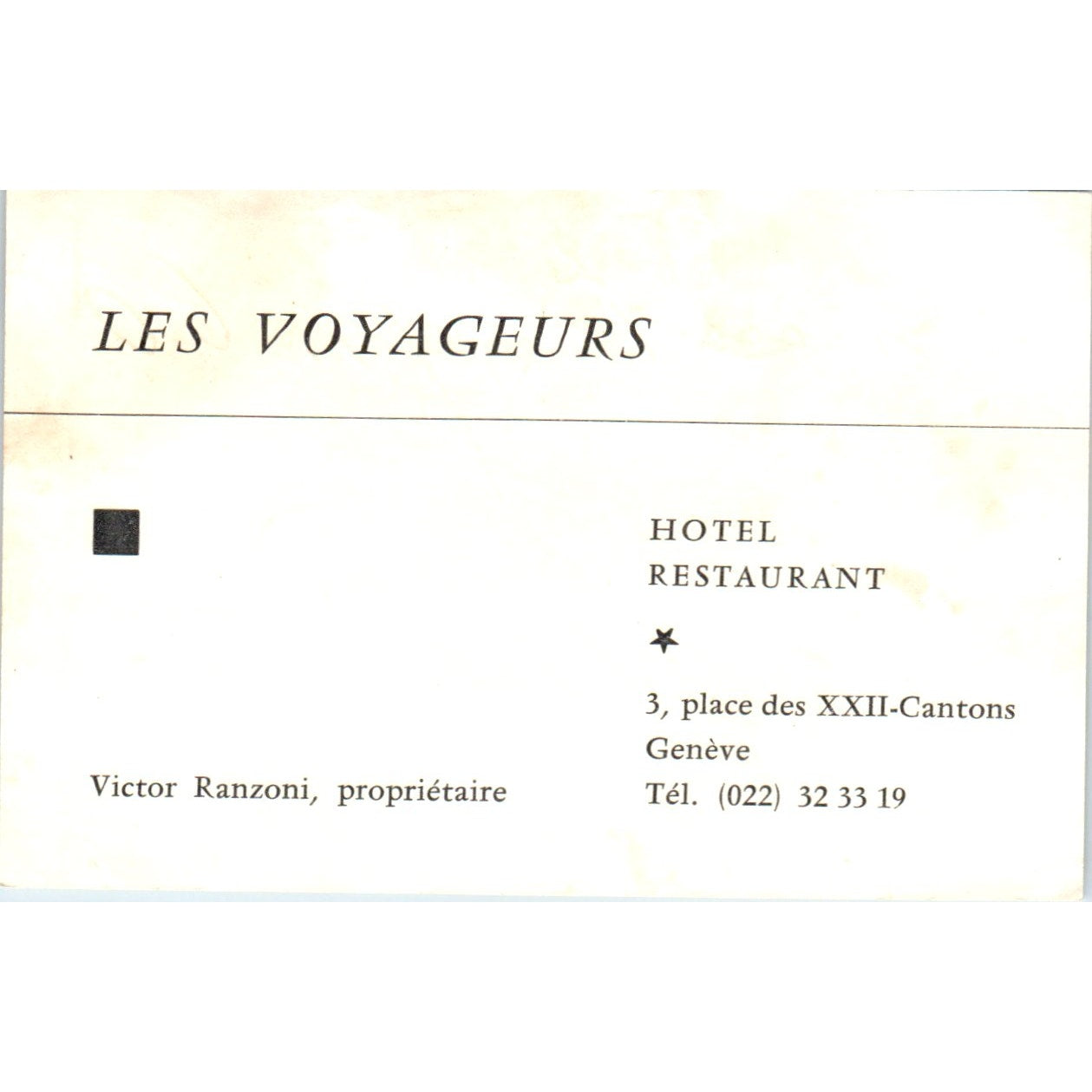 1960s Les Voyageurs Hotel Restaurant Genève Geneva Business Card AF7-E9