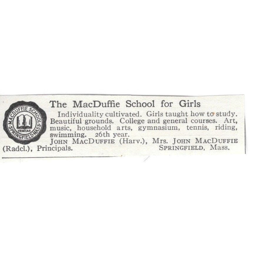 MacDuffie School for Girls Springfield MA Mrs. John MacDuffie c1920 Ad AG4-S7