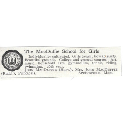 MacDuffie School for Girls Springfield MA Mrs. John MacDuffie c1920 Ad AG4-S7